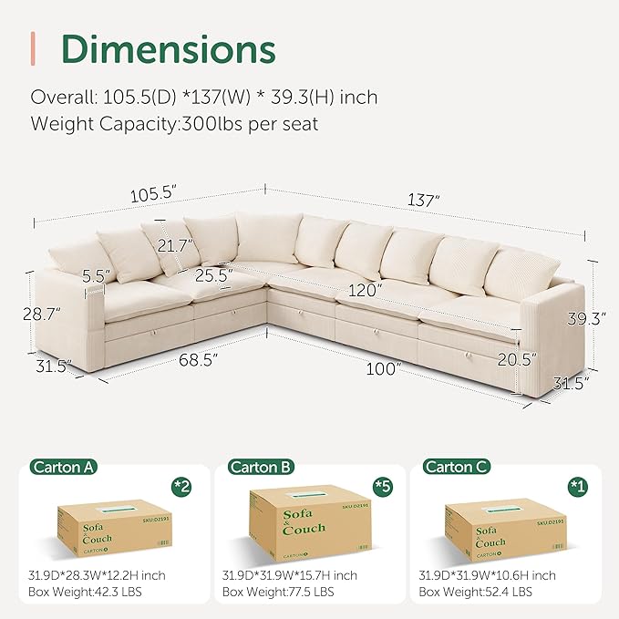 HONBAY Modular Sectional Sofa, 6 Seaters Corduroy Sectional Couch, L Shaped Couch with Storage & Pillows, Beige