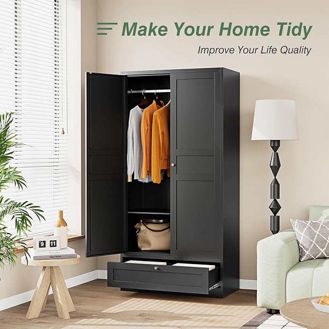 Metal Wardrobe Closet Cabinet,Armoire Wardrobe Closets Storage Cabinets with Drawer,Metal Storage Cabinet with Doors and Shelves for Laundry Room,Bedroom,Home Office,Bathroom(Black)