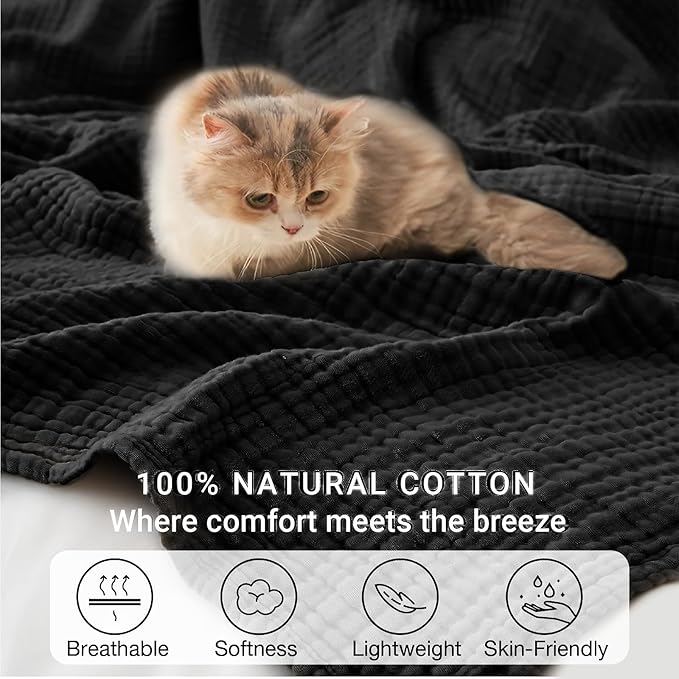 100% Cotton Muslin Blanket Queen 90" x 90", 6 Layers Breathable and Lightweight Cotton Throw Blankets for Bed, Soft Cooling Summer Gauze Blanket for Adults All Season, Black