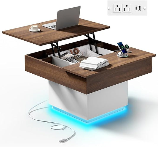 FABATO Lift Top Coffee Table with Charging Station, Led Coffee Table for Living Room, Farmhouse Center Table with Hidden Storage, Square Lift-Up Center Table for Home Office, Reception Room, White