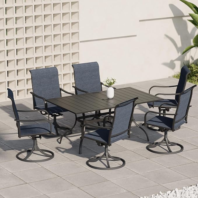 Anmutig 7-Piece Outdoor Dining Set, 6 Swivel Patio Chairs & 60''Rectangular Dining Table with All Weather Frame Furniture Set - Navy Style2 - Image 8