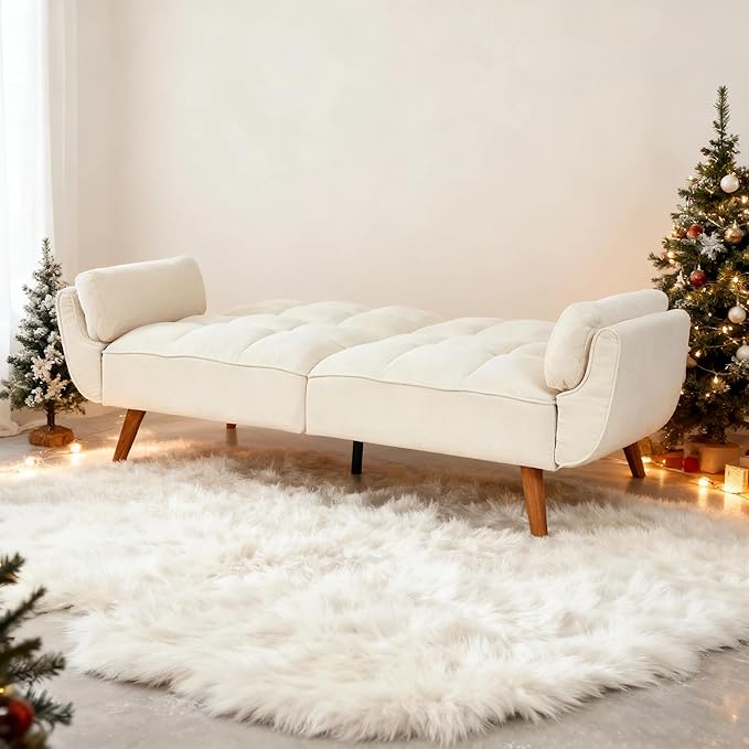 Convertible Futon Sofa Bed, Modern Futon Couch with 2 Pillows, Small Futons Couch with Adjustable Armrest & Backrest, Loveseat Sofa Bed for Living Room, Bedroom, Beige