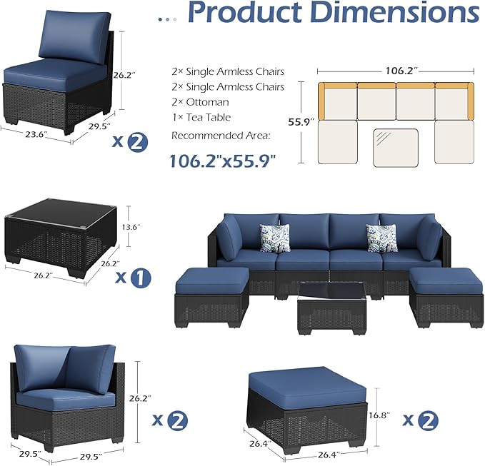 U-MAX 7 Piece Outdoor Patio Furniture Set with Extra 43 Inch Fire Pit Table, PE Rattan Wicker Sofa Set, Outdoor Sectional Furniture Chair Set with Tea Table, Black Rattan&Dark Blue Cushion