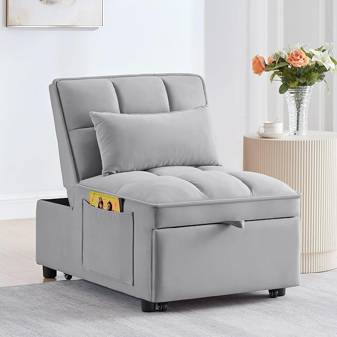 3 in 1 Convertible Sleeper Sofa Chair, Velvet Tufted Single Pull Out Couch Bed with Adjustable Backrest and Pillow