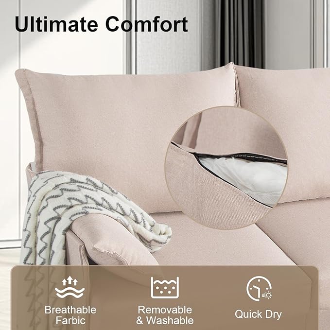 93.7” Sectional Sofa with Movable Ottoman, 3 Seaters L Shaped Couch Modular Sofa Bed with 2 Armrest Pillows, Small Sectional Couch for Living Room Bedroom Small Space Furniture, Beige