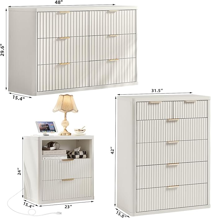 LEYAOYAO Fluted Dressers & Nightstand Set of 4, Wood 48" Wide Dresser & 42" Tall Chest of Drawers,Modern Bedroom Furniture Sets,White Wooden Nightstand Set of 2 with 2 Drawers & Charging Station