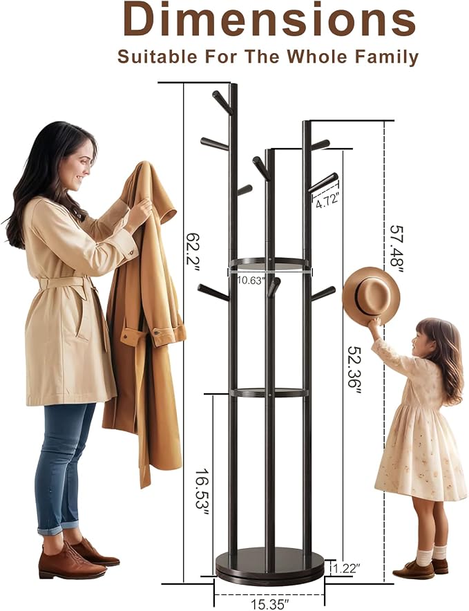 Muwuele Solid Wood Rotary Coat Rack, Freestanding Coat Rack with 3 Shelves and 9 Hooks, Coat tree for Bedroom, Entryway, Livingroom, Coat Hanger Stand for Coats, Scarves, Handbags (Black) - Image 4