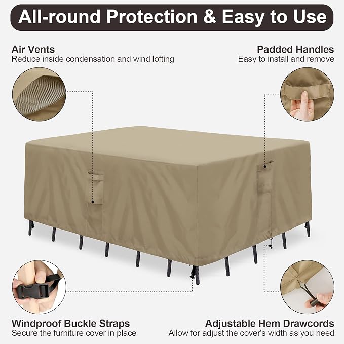 PureFit Patio Furniture Covers, Outdoor Table Furniture Cover Waterproof Rectangle, Patio Sectional Couch Set Cover for Deck, Lawn and Backyard, UV Resistant, 110"L x 84"W x 28"H, Camel - Image 5