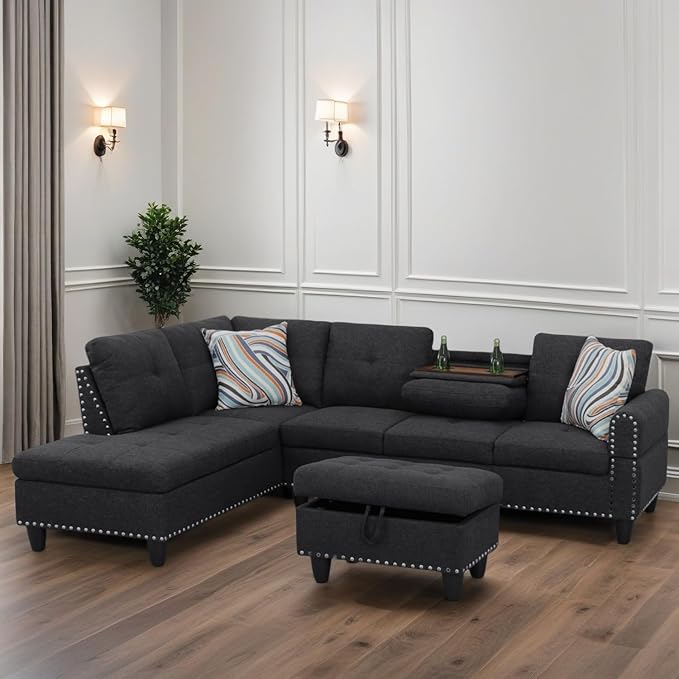 FONTOI L Shaped Sectional Couches for Living Room, Modular 4 Seat Sofa with Ottoman Storage, Modern Couch with Chaise for Bedroom Apartment Furniture, Black