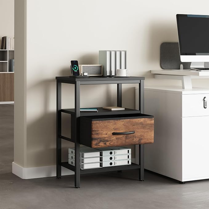 DUMOS Bedside Table with Charging Station and Adjustable Fabric Drawer Compact Nightstand 3-Tier Storage Organizer End Table for Bedroom,Black and Brown - Image 10