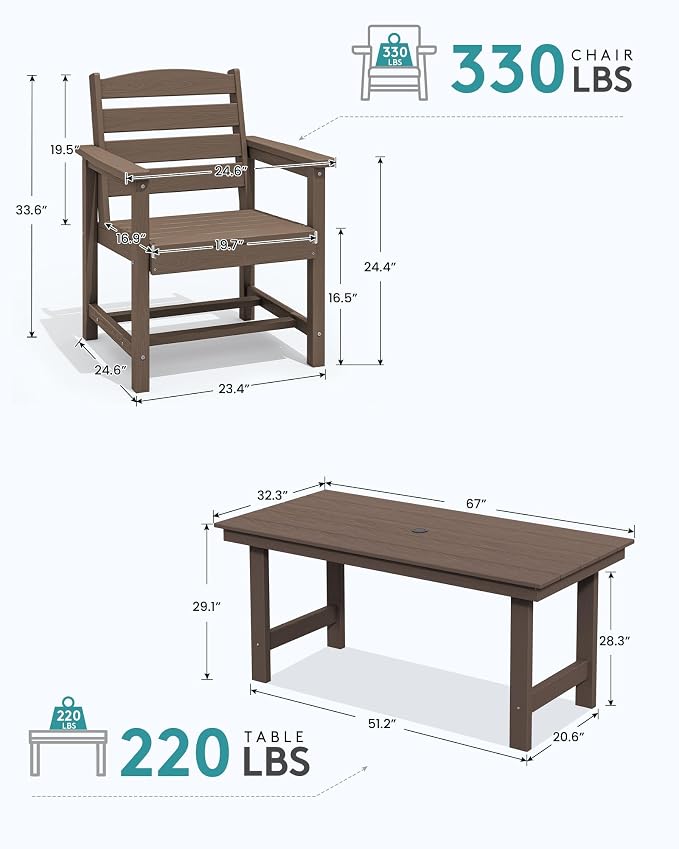 SERWALL Outdoor Dining Set for 6, HDPE Furniture Set with Umbrella Hole, All Weather Bench & Chairs, Coffee Table - Image 5
