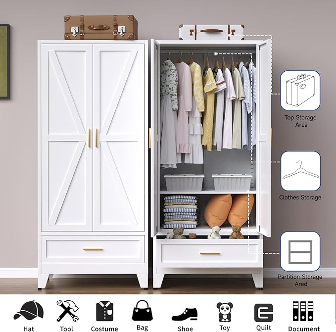 Steel Armoire Wardrobe Closet, 71" Metal Clothing Storage Cabinets with 2 Doors, 1 Drawer and 1 Adjustable Shelf, White Wardrobe Cabinet with Hanging Rod for Bedroom, Gym