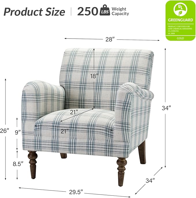 HULALA HOME Modern Accent Chair with Arms and Wooden Legs, Comfy Upholstered Armchair for Living Room, Bedroom (Plaid Pattern, Blue)