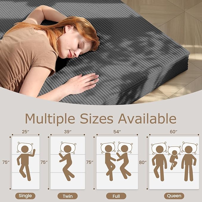 6-Inch Tri-Folding Mattress Queen Size - Foldable Futon Sofa Bed with Removable Washable Cover, Folding Futon Mattress | Non-Slip Bottom & Carry Handles for Guest, Camping, Dorm