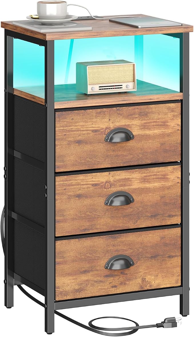 sthmec Nightstand with Charging Station,LED Night Stand with 3 Fabric Drawers, Bedside End Tables, 2-Tier Open Storage Shelf Side Table Nightstand with Drawers for Bedroom,Rustic Brown by Unknown