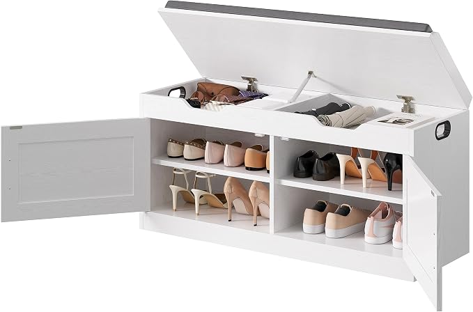 IRONCK Shoe Bench with Lift Top Storage, 42.4" Entryway Bench with Wider Cushioned Seat, End of Bed Bench with Adjustable Shelf & 2 Doors for Hallway, Bedroom, White - Image 8