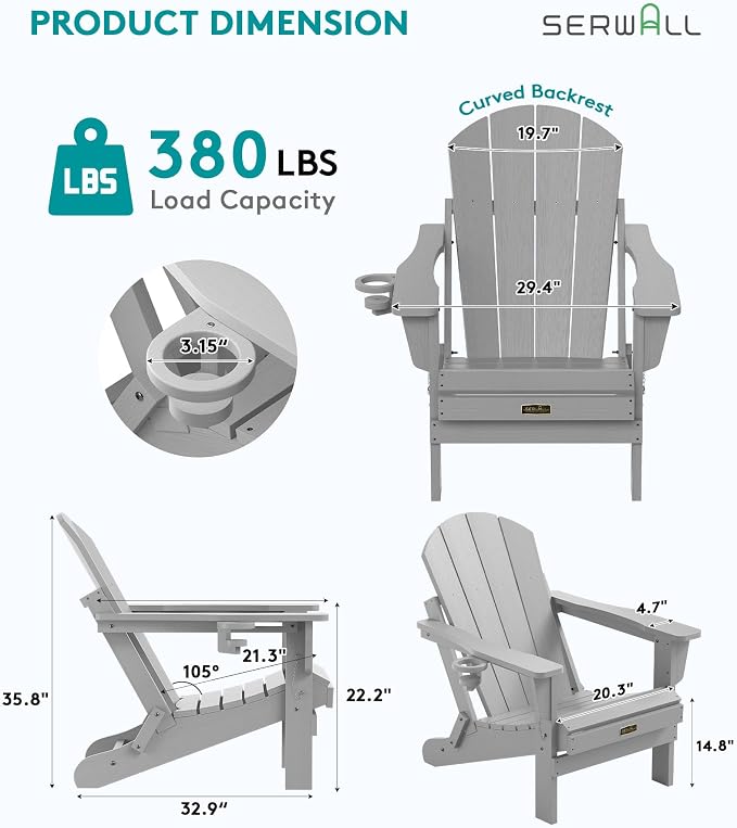 SERWALL Folding Adirondack Chair Set of 4, Weather Resistant HIPS Patio Chairs with Cup Holder for Garden Outdoors Fire Pit- Spanish Gray - Image 2