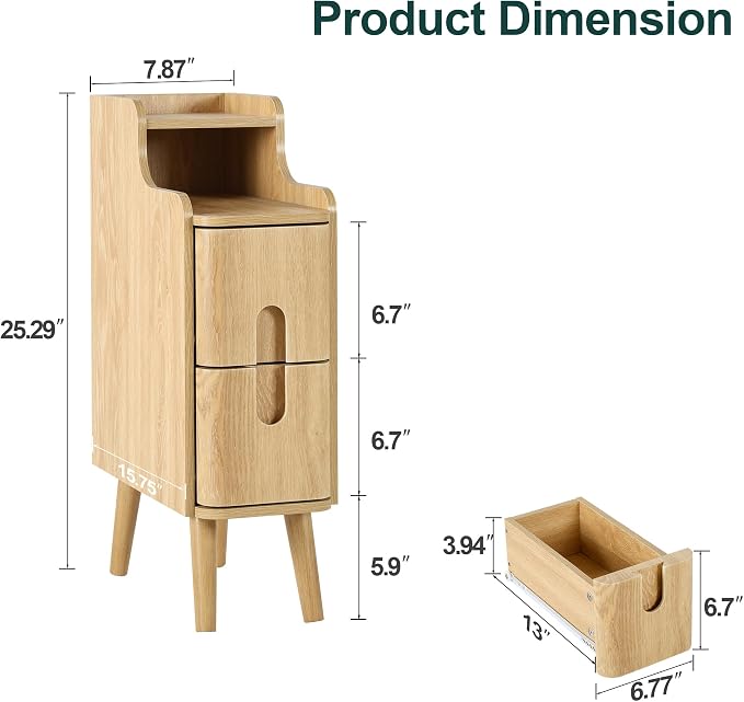 Small Nightstand Set of 2, Wood 2 Drawer Narrow Nightstand, Slim Side Table, Modern Skinny End Bedside Table, Natural Wood Night Stand with Drawers for Bedroom (Natural-2 pcs) - Image 2