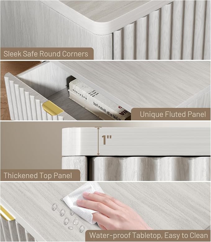 Nightstands Set of 2, Nightstand with Drawers Bedside Table End Table, Modern Fluted Nightstand Bed Side Table for Bedroom Living Room (Gray) - Image 5