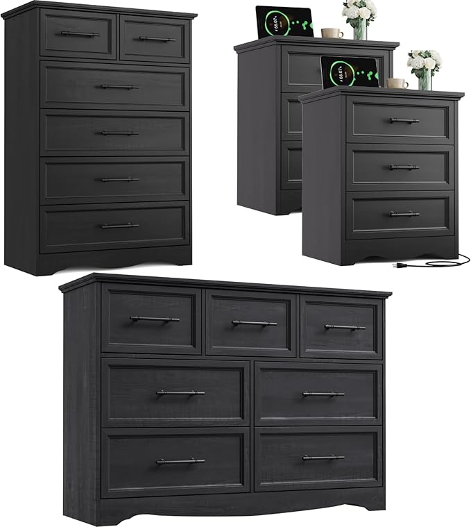 Bedroom Set, 4 Pieces Bedroom Furniture Set, 47"W 7 Drawer Dresser, 44"H 6 Drawer Dresser and 3 Drawers Nightstands with Charging Station, Farmhouse Storage Organizer Cabinet for Bedroom, Black