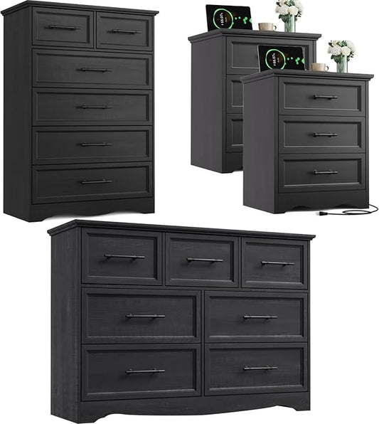 Bedroom Set, 4 Pieces Bedroom Furniture Set, 47"W 7 Drawer Dresser, 44"H 6 Drawer Dresser and 3 Drawers Nightstands with Charging Station, Farmhouse Storage Organizer Cabinet for Bedroom, Black