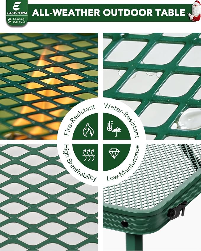 Square Folding Card Table with Adjustable Height (12" & 26"), Green Portable Metal Mesh Table for Camping, BBQ, Picnic, Game, Patio & Indoor Use, Fits 2–4 People, Lightweight 7.6 lb, Supports 66 lb - Image 7