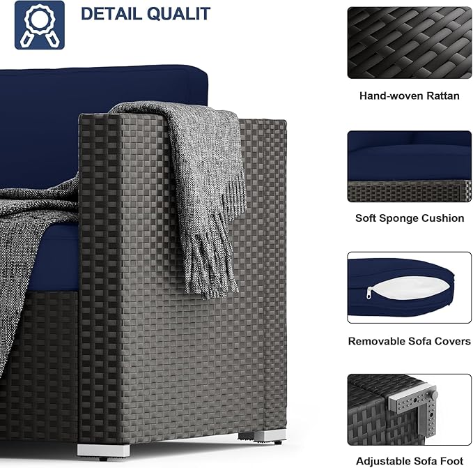 SUNCROWN 7-Piece Outdoor Patio Furniture Sofa Set All-Weather Wicker Sectional Cushioned Set with Modern Glass Coffee Table, Cushions and A Waterproof Cover(Dark Blue)
