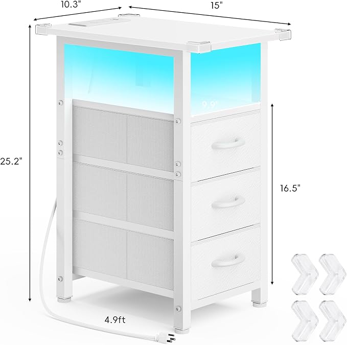 Vagusicc White Nightstand with Charging Station and LED Lights, Narrow End Table, LED Nightstand with 3 Fabric Drawers for Bedroom, Small Bedside Table, Narrow Side Table for Small Spaces, White - Image 3