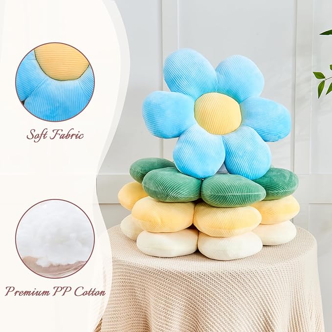 Kcvvcr Blue Flower Pillow, 19.6" Cute Flower Shaped Floor Pillow, Aesthetic Floral Plush Daisy Decorative Throw Pillows for Bed Sofa Couch