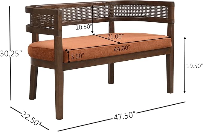 Christopher Knight Home Xiza Modern Fabric Upholstered Loveseat Sofa with Rubberwood Frame, Comfy 2-Seater Sofa Couch and Rattan Backrest, Love Seat Couches for Living Room, Dark Orange + Walnut