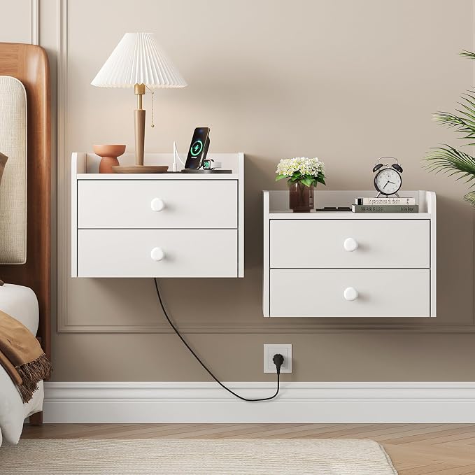 Floating Nightstand Set of 2 with 2 Storage Drawers and Charging Station Wood Wall Mounted Bedside End Table Modern Night Stands Set 2 for Bedroom,Small Space,White - Image 8