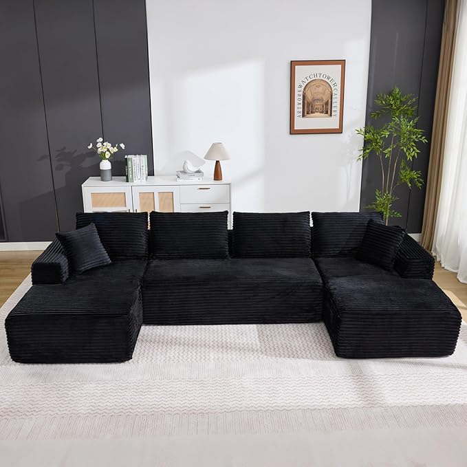 Boneless Couch U Shaped Sectional 130'' Modern Modular Cloud Couch with 2 Chaise Lounge, 4-Seat Corduroy Deep Seat Sofa with Pillows for Living Room