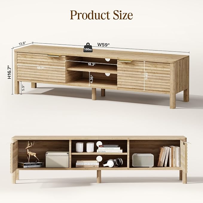IKALIFE TV Stand for Living Room - up to 65 Inch TVs Mid Century Modern Entertainment Center with Storage and Adjustable Shelves, Media Console Table Oak 59" - Image 3