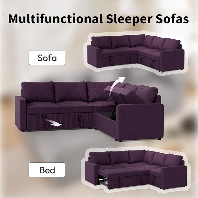 Modular Sofa Bed Couch with Storage, 82" Reversible Sleeper Sofas with Pull Out Bed, Pull Out Couch for Living Room Apartment Bedroom Office, Dark Purple