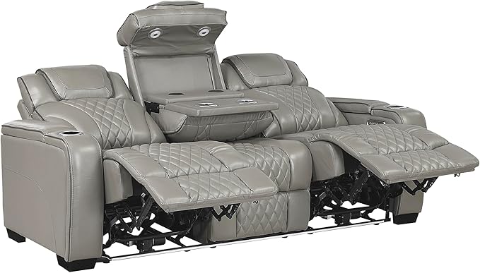 Lexicon Power Double Reclining Sofa, Center Drop-Down Table with Heat/Massage/Headrest/Storage Arms/Cup Holders/LED Lights/Wireless Charging, Top Grain Leather Match Wall Hugger Recliner Sofa, Grey