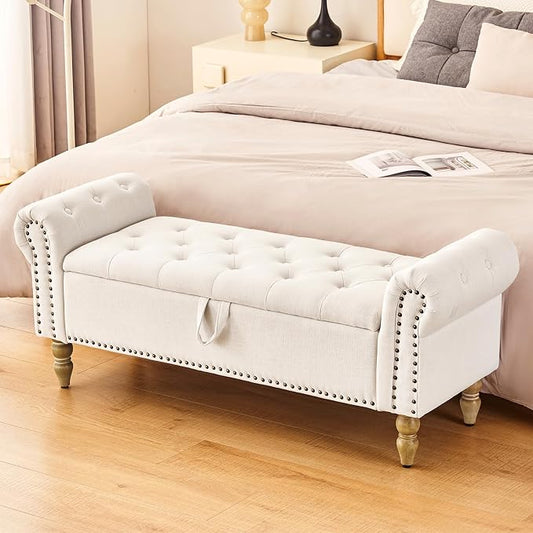 Furnimart Storage Bedroom Bench for End of Bed, Faux Linen Upholstered Storage Ottoman with Rolled Arms for Bedroom,Living Room, Entryway, 2.5Cubic Feet by FurnimartFurniture