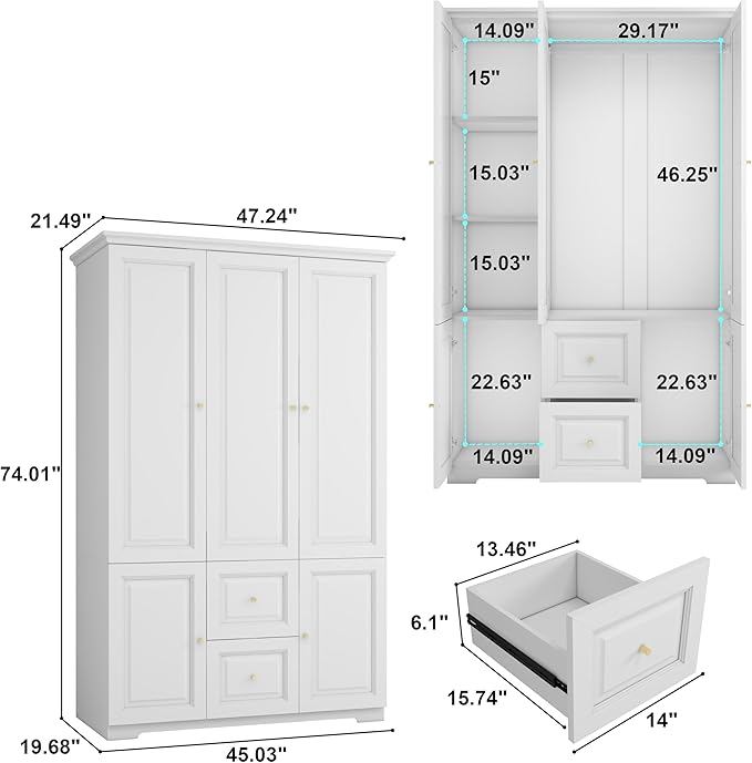 White Armoire Wardrobe Closet with Drawers: Wardrobe Closet for Hanging Clothes, Modern Bedroom Armoires with Hanging Rod, Wardrobes Closets with Doors and Shelves (White, 47")