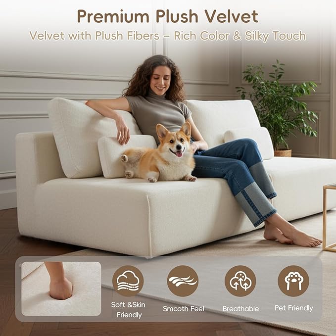 Modular Sectional Sofa, 3-Piece Beige Plush Velvet Couch Loveseat, No-Assembly Compressed Deep-Seat 3-Seat for Living Rooms Apartments Family Spaces