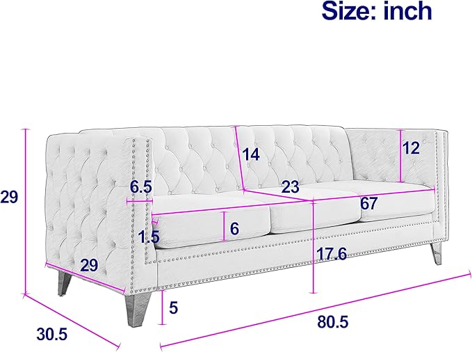 KEIKI Tufted Velvet 3+3 Seat Sofa Couch for Living Room, Buttons Tufted Square Arm Couch for Home Apartment, Gray