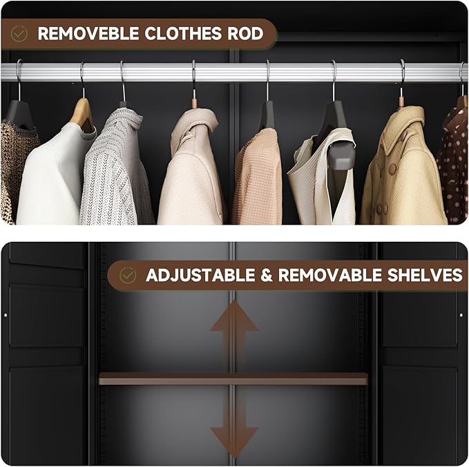 Letaya Metal Armoire Wardrobe Closet with 2 Drawers,18" Deep Clothing Storage Cabinet with Doors and Shelves,Coat Closet with Hanging Rod,Bedroom,Home,Cloak Room-Black