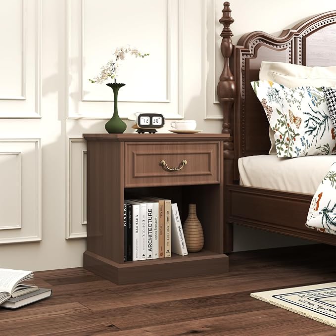 Nightstand Set of 2 with Drawer and Open Shelf, Wooden Bed Side Table for Bedroom, Modern End Table Side Table for Living Room, Small Night Stand Set 2 Furniture for Small Spaces (Walnut) - Image 7