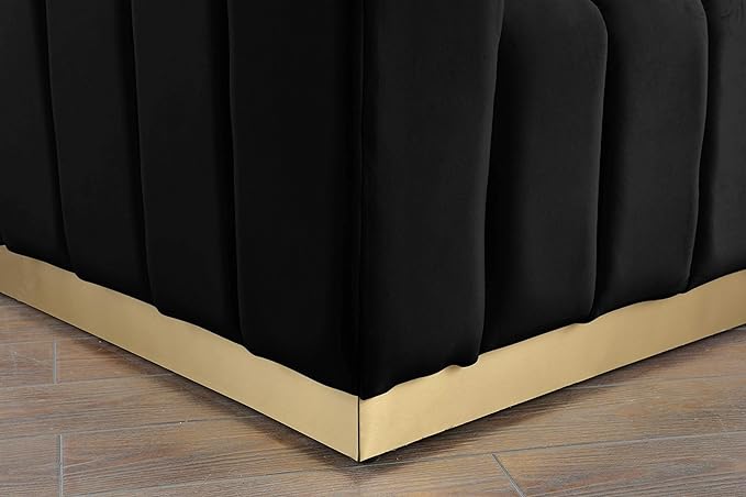 Meridian Furniture 603Black-S Marlon Collection Modern | Contemporary Velvet Upholstered Sofa with Deep Channel Tufting, Stainless Steel Base in a Brushed Gold Finish, Black, 86.5" W x 34" D x 28" H