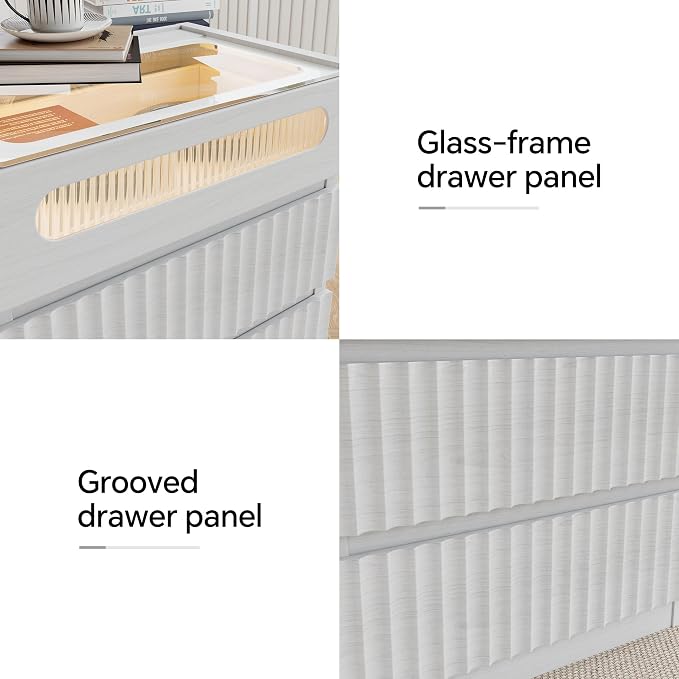 NightStand Set of 2 with Charging Station,with LED Lights and Tempered Glass Panel,Modern Bedside Tablewith 2 Fluted Drawers and One Glass Drawer,Hidden Handles End Table,Bedroom of Nightstand(White) - Image 5