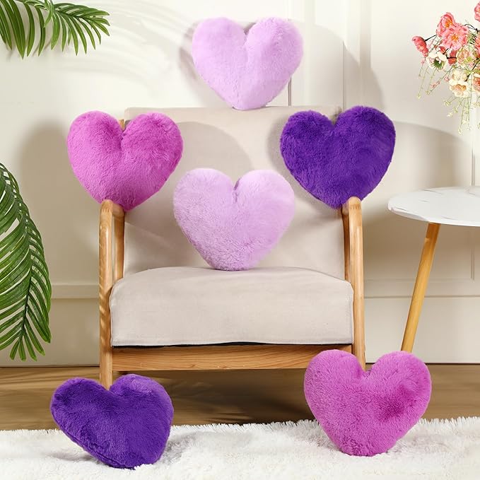 Liliful 6 Pcs Faux Rabbit Fur Heart Pillows Fluffy Heart Throw Pillows Cute Couch Cushion Soft Decorative Throw Cushion for Bed Sofa Girls Women(12 x 11 Inch,Purple Color)