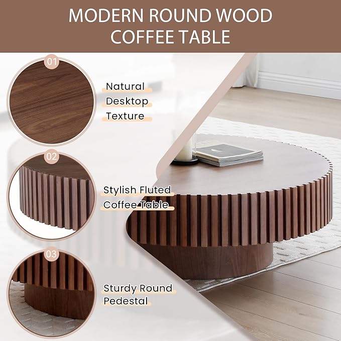 31.49" Walnut Coffee Table Round Wood, Modern Unique Fluted Tea Table, Contemporary Drum Circle Accent Center Table for Living Room, Small Space, Apartment