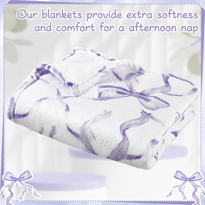 Buryeah Purple Bow Throw Blanket Valentine's Day Galentines Day Gifts Preppy Blanket Coquette 50 X60 Flannel Soft Cute Bow Lightweight Aesthetic Room Decor for Women Friends for Sofa Couch Travel Bed