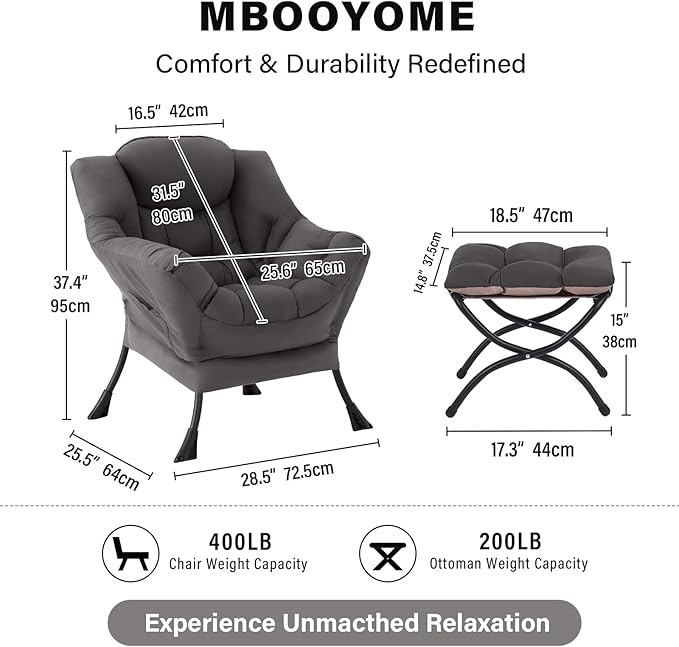 MBOOYOME Lazy Chair with Ottoman, Modern Accent Lounge Armchair with Armrests and a Side Pocket & Foldable Footstool, Leisure Reading Chair for Living Room, Bedroom, Dorm & Office, Dark Grey