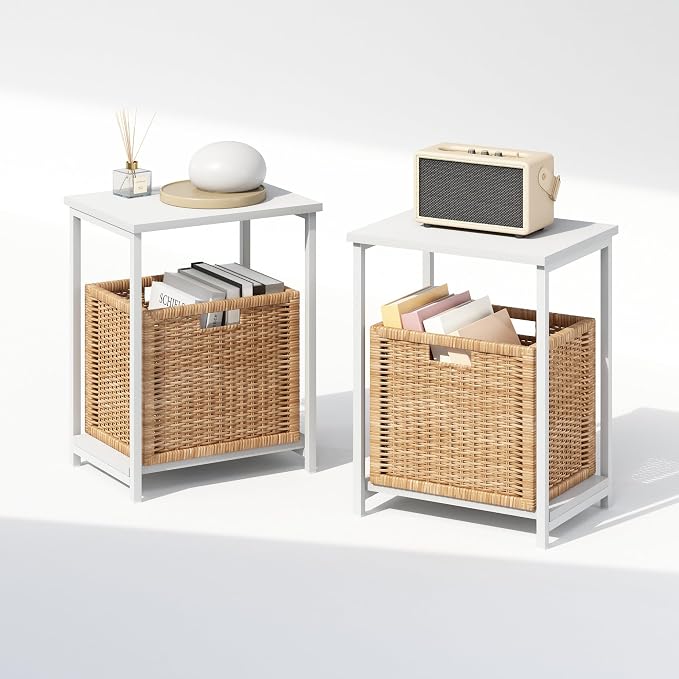 Furinno Simplistic Night Stand Set of 2, 2-Tier Open Shelf Design Nightstand with Metal Frame, Bedside Table, End Table, Side Table, for Bedroom, Closet, White - Image 4