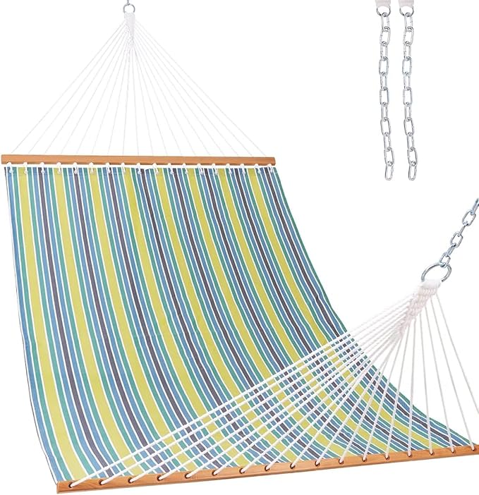 Lazy Daze Hammocks Quick Dry Hammock with Spreader Bar Textliene Fabric Double 2 Person Hammock with Chains Outdoor Patio Poolside Backyard Beach 450 lbs Capacity, Blue Green Stripes by LazyDazeHammocks
