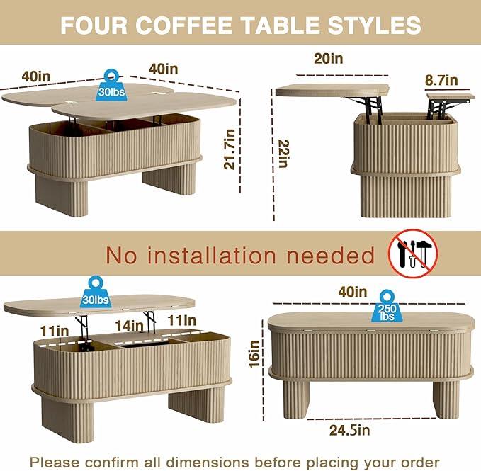 Lift Top Coffee Table with Large Storage,Lifting Converts to Dining Table,Oval Pop Up Coffee Table Fluted Wood Center Table for Living Room,Fully Assembled Space-Saving for Eating&Laptops